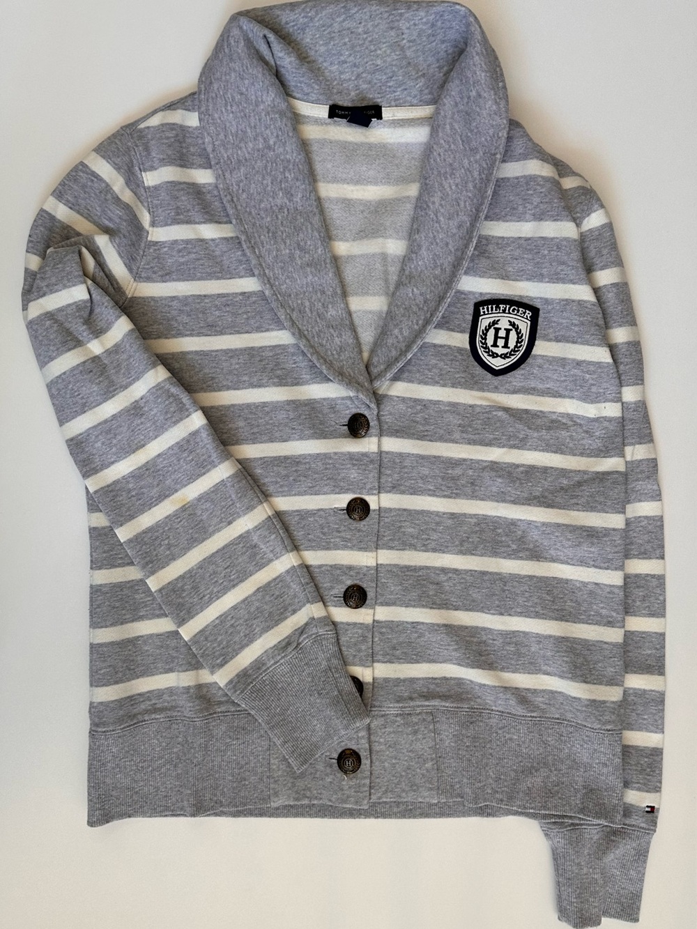 Tommy Hilfiger Gray & White Striped jersey Shawl-Collar Cardigan